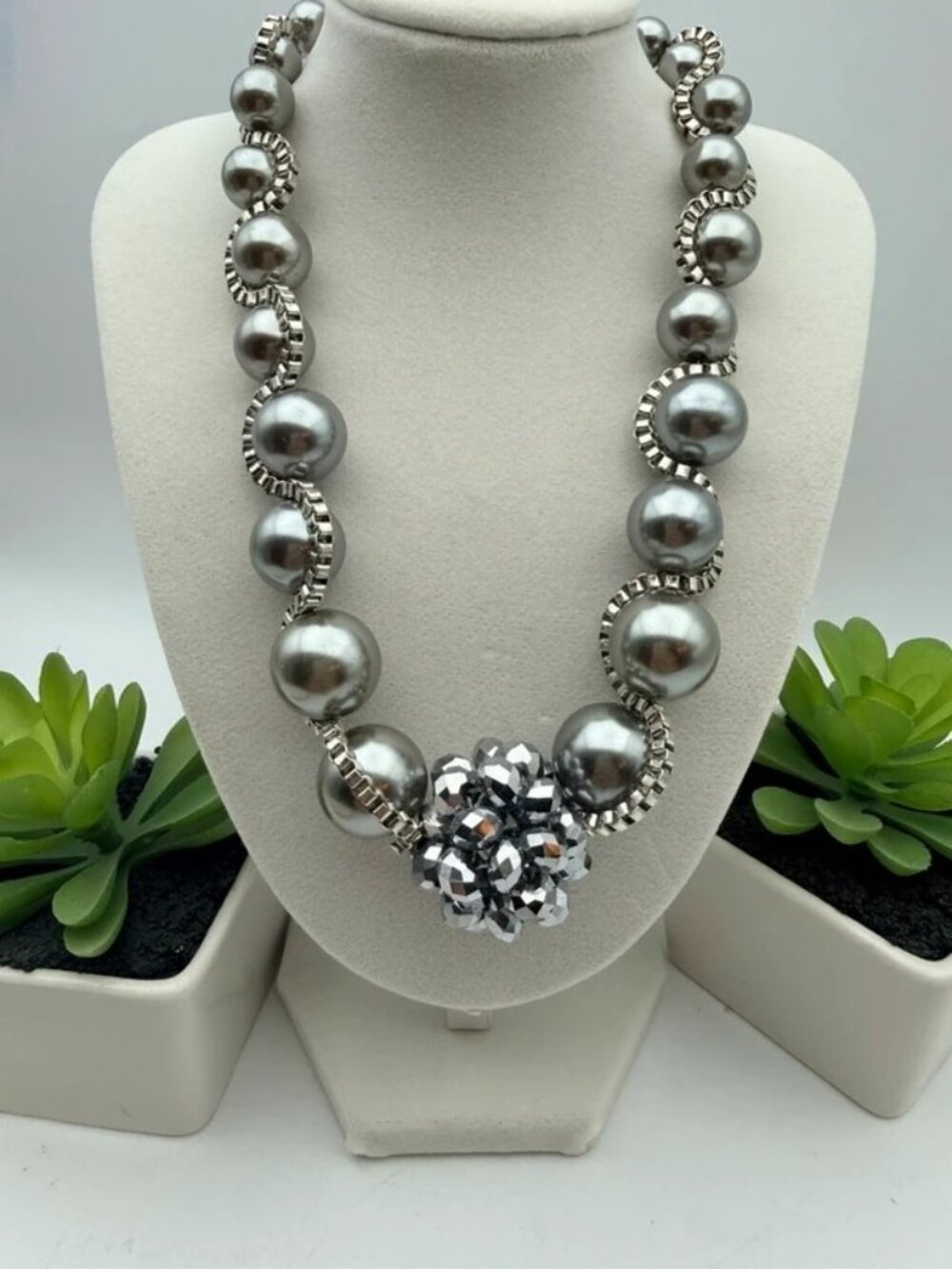 Statement Necklace Gray Faux Pearl Silver Tone Crystal Cluster Fashion Jewelry